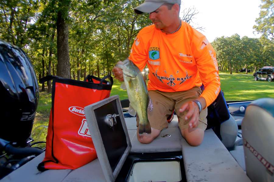 Jerod Haweks found a shady place near the stage to bag his fish. 