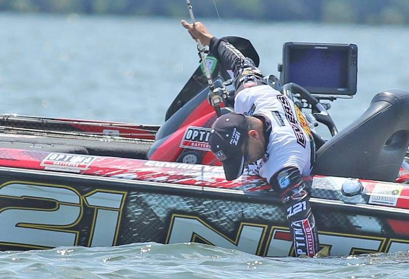 The tournament was a slugfest in every sense of the term. On Day 1, Evers boated a 24-pound stringer, anchored by an 8-pounder, that would put him in third place. But after Day 2 he would catch more than 27 pounds and never really relinquish the top spot. But the lead was actually hard to hold onto, especially on the final day.