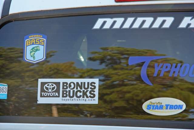 Lots of Toyotas were decorated with Bonus Bucks decals in the parking lot.