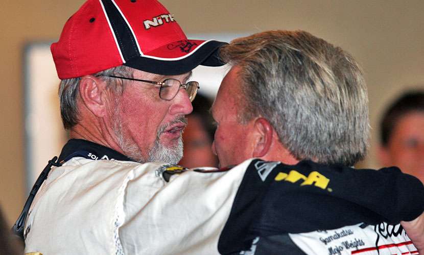 Rick Clunn and Roland Martin embrace not long ago. The two have long debated the merits of Classic wins vs. AOY titles. Martinâs final AOY titles came back-to-back in 1984-85, not long before Clunn won the fourth of his Classic crowns in 1990.