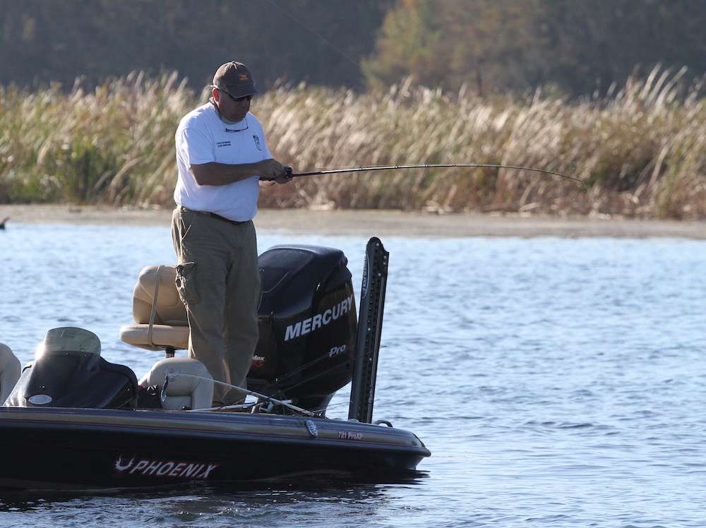 Day 1 co-angler leader Marty Spears fishing nearby. Marty with a 3-pounder already. 