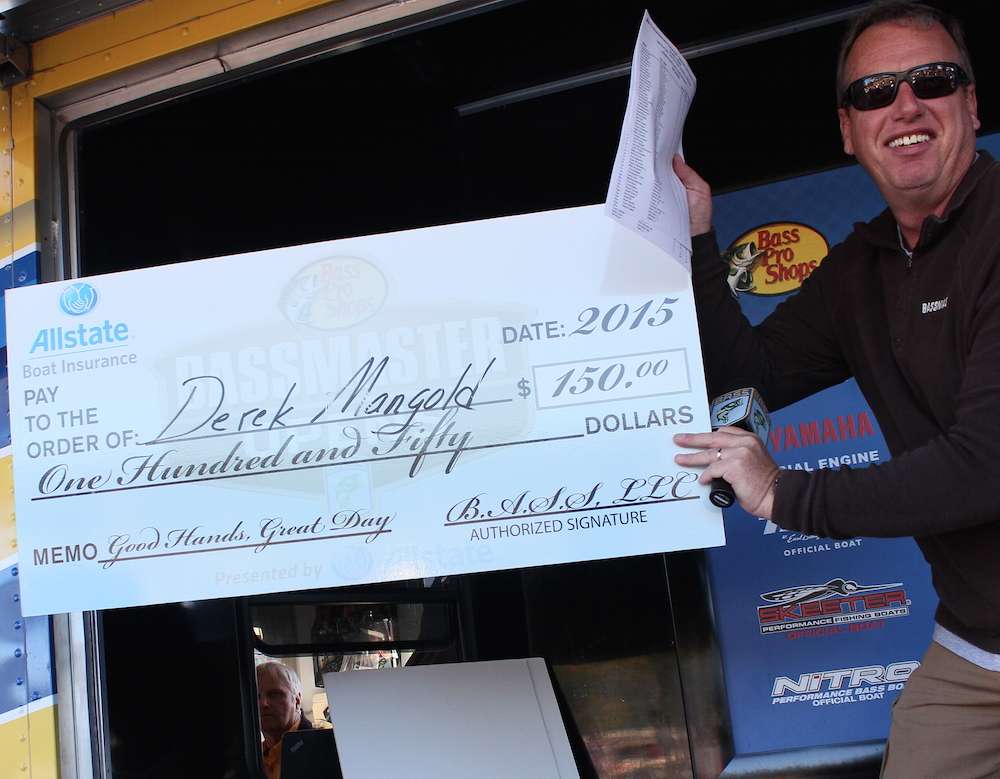 Derek Mangold wins the co-angler Allstate Good Hands Award for making up the most ground on Day 2. 