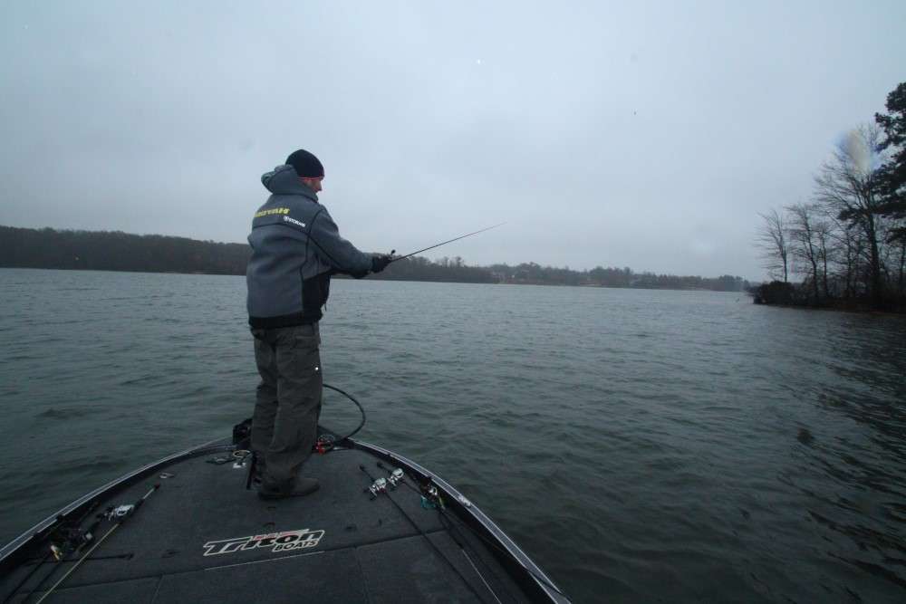 11:03 a.m. Swindle moves to a long point halfway down the lake and hits it with a crankbait.