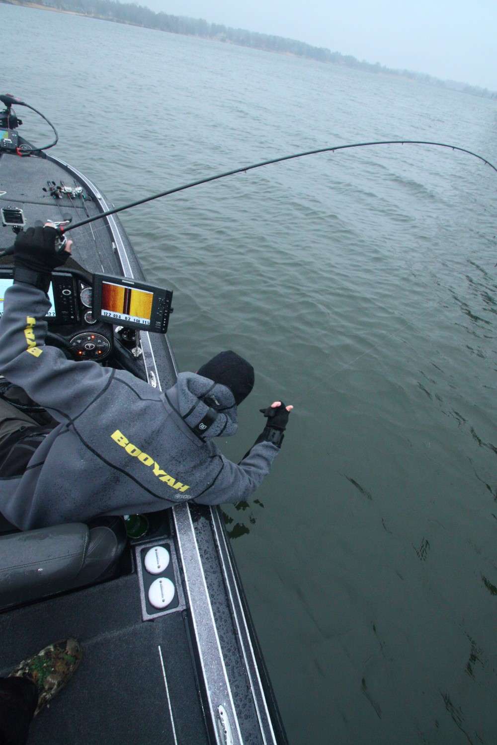 11:50 a.m. Swindle moves to the console to land a big bass heâs hung on a jerkbait.