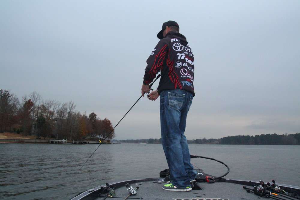 7:30 a.m. Swindle moves downlake to a steep channel bank, where he tries a jerkbait.