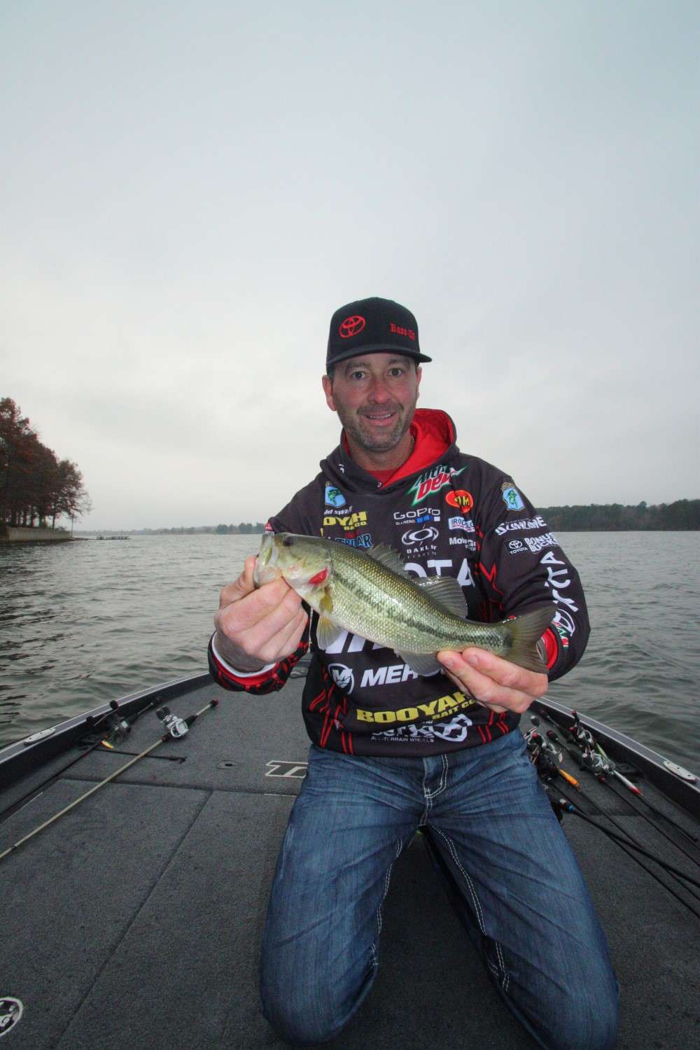 7:41 a.m. Swindle bags his second keeper, 1 pound, 2 ounces, off a channel bank on a Storm Wiggle Wart.