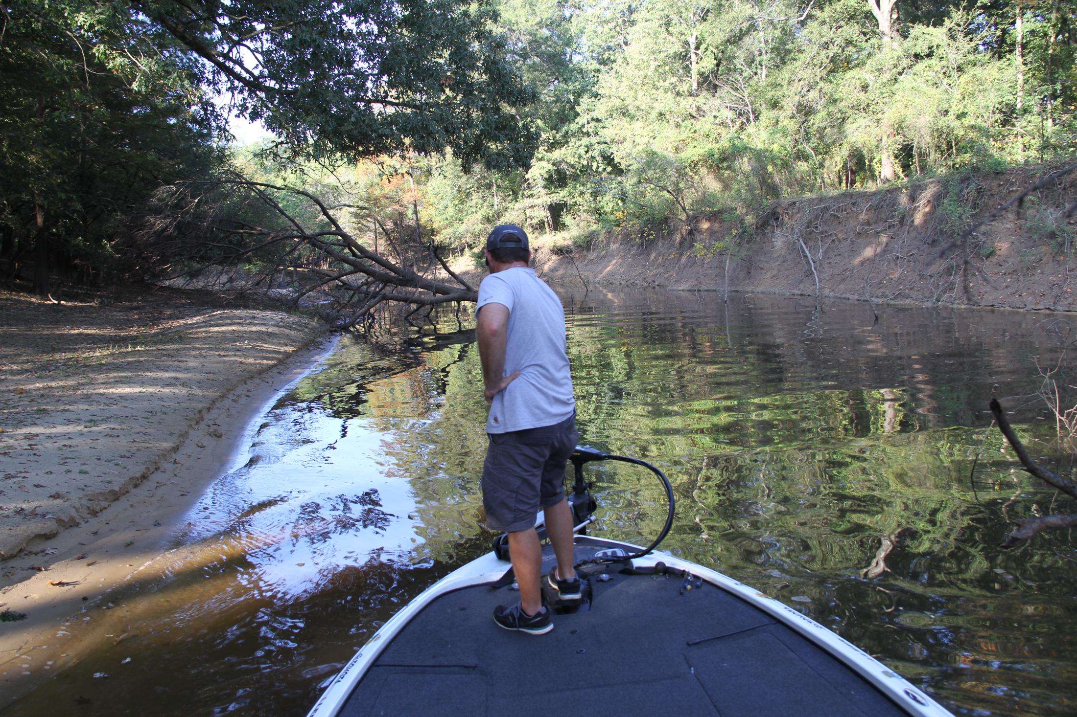 As Preuett and I continued up the bayou, we had to avoid some large blowdowns and ultra-shallow water.