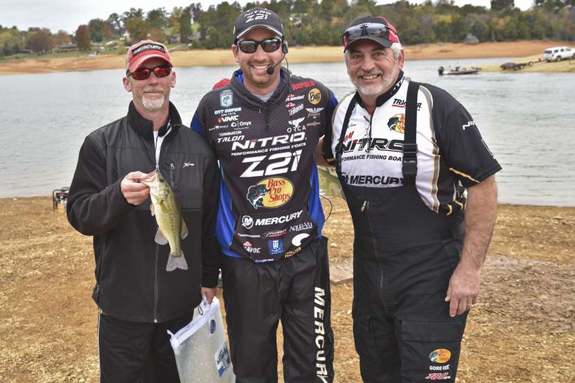 Bobby Crane and Johnny Morris of Nitro/Tracker made the longest drive -- five hours -- to participate in the event. They managed a limit. Pictured here was their attempt at winning the smallest fish award.