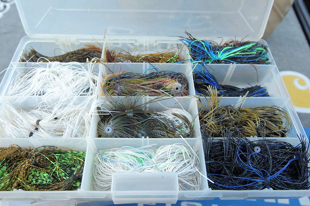 Jig and spinnerbait skirts sit in the right rod locker.