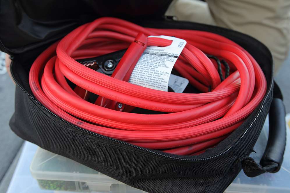 Always keep a set of jumper cables handy. Scroggins also keeps these at the bottom of his right rod locker.