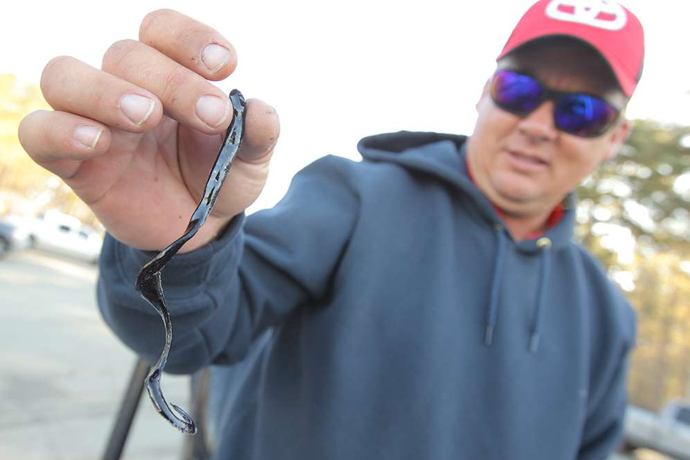 Scroggins also pours many of his own plastic baits when he's not on the road. This curly tail worm is an example.