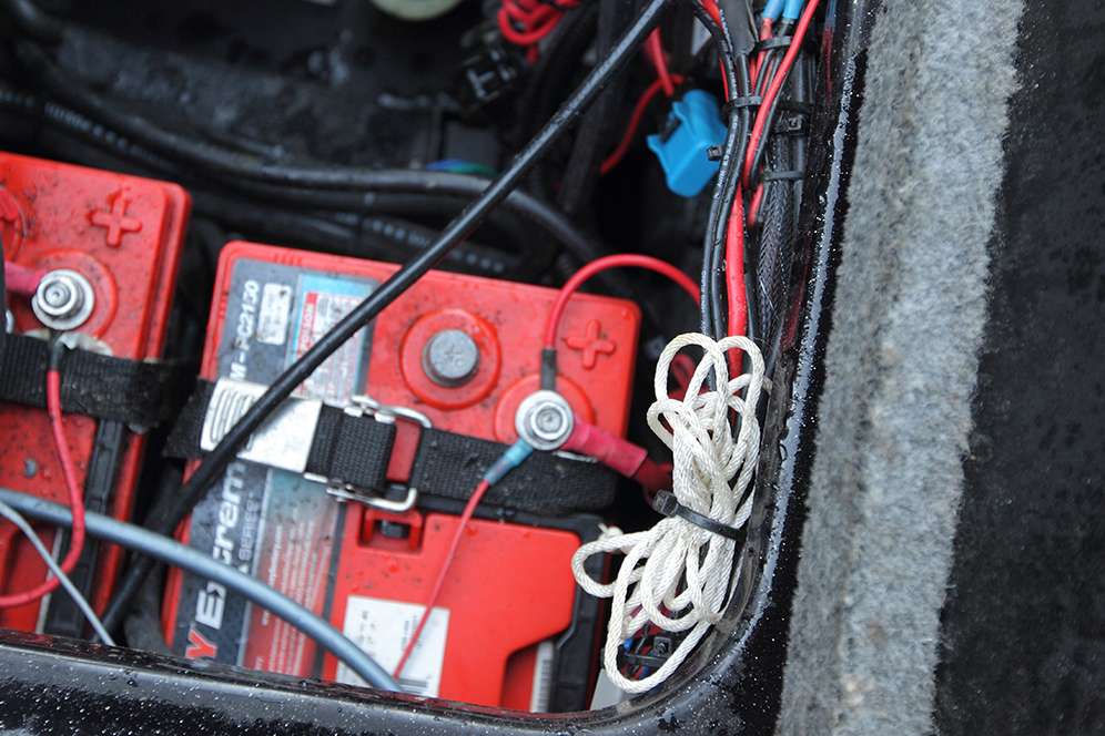 The rope in the right side of this image is a great concept. The rope is run from his console inside the boat to the rear compartment just in case he has to re-run wires or a transducer. This saves time in a big way if a change like that becomes necessary. 