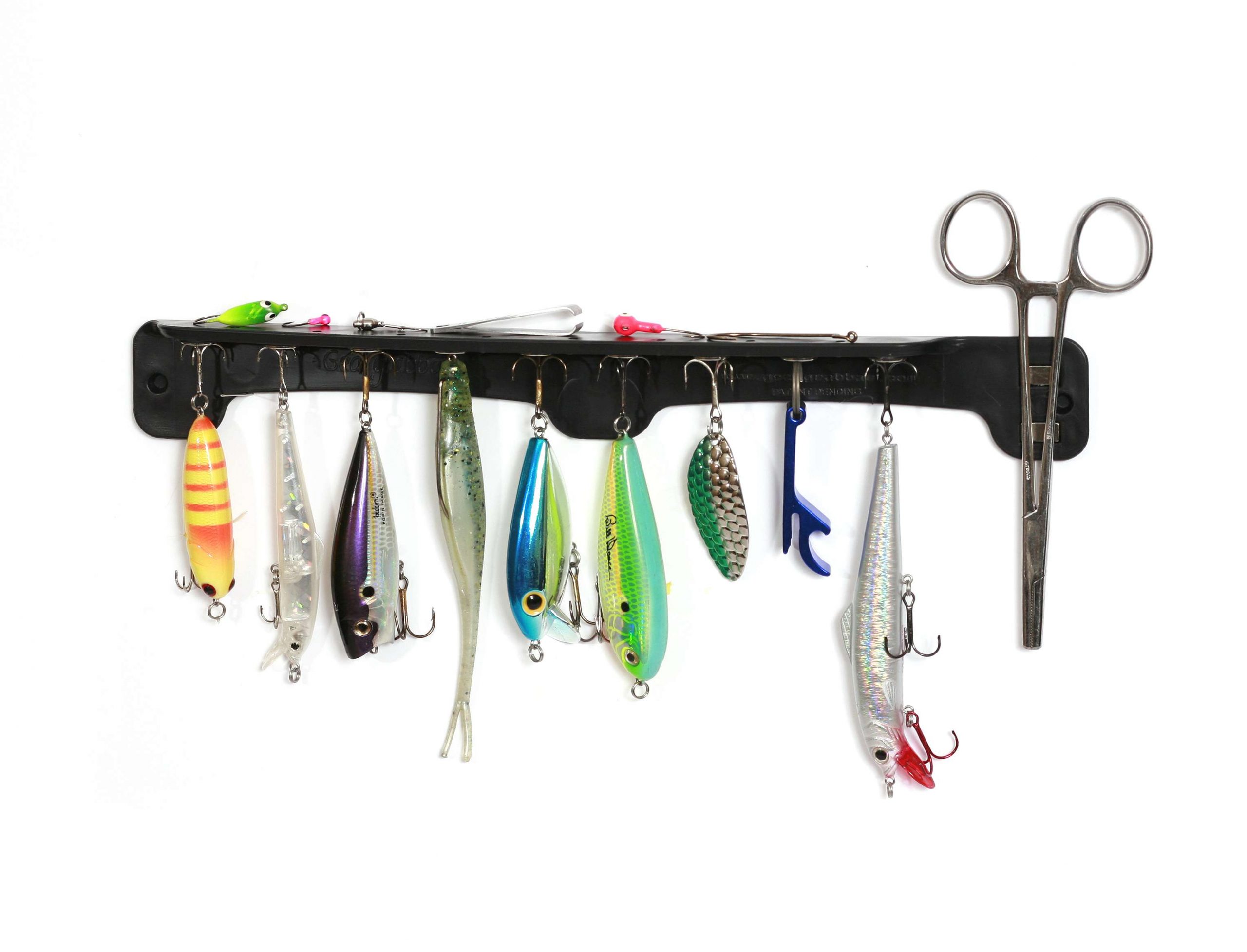 <b>TH Marine Gear Grabbar:</b> Featuring a revolutionary magnetic system, the Gear Grabbar Lure & Tool Holder can hold up to nine lures with its lure magnets, eight lures with its magnetic top shelf slots, one tool and any number of loose hooks, jig heads, swivels, line snips or pocket knives on the magnetic top shelf. It can be mounted on the rail of your boat, kayak or dockâmagnetically (included), adhesive sticking dots (included), or by pre-drilling holes into the unit and attaching via screw. $9.99-$59.99; <a href=