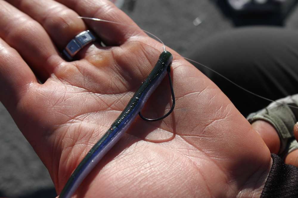 With his Gamakatsu Heavy Cover Finesse hook, this is how he would Texas Rig his worm.