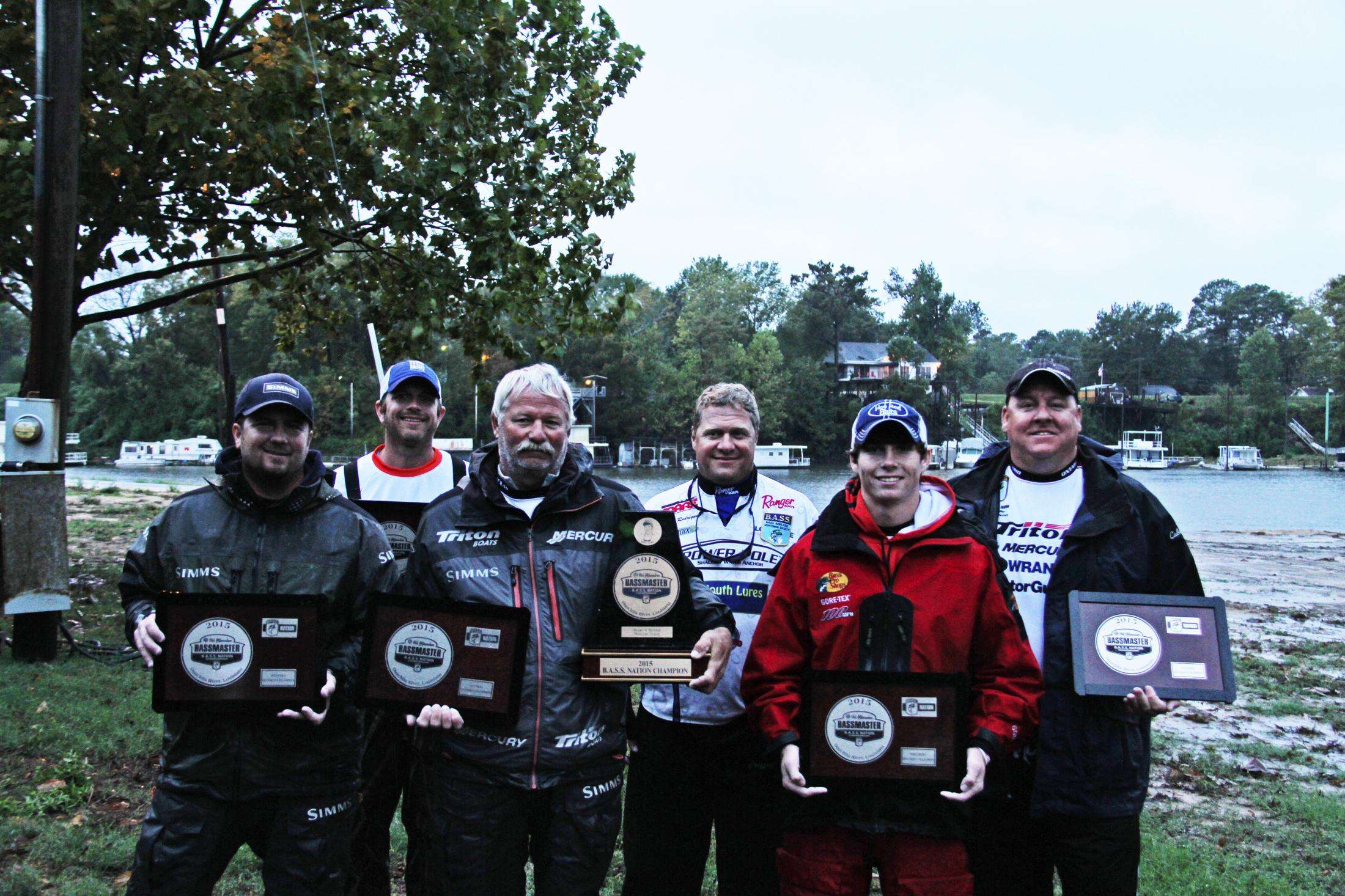 The 2015 B.A.S.S. Nation Champions. From left: Western Division champion Levi McNeill, Southern Division champion John Proctor, 2015 B.A.S.S. Nation champion and Central Division champion Albert Collins, Mid-Atlantic Division champion Fabian Rodriguez, Northern Division champion Greg Vance, and Eastern Division champion Charles Sim. 
