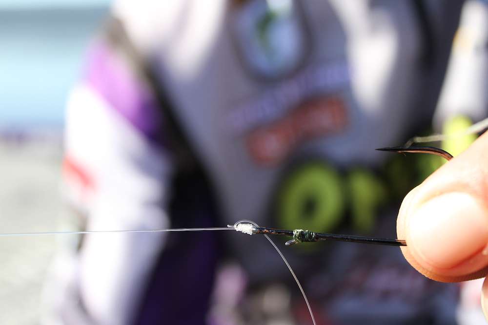 After tying his braid backing to his fluorocarbon liter, he then ties his hook. In many cases he selects a Gamakatsu Finesse Heavy Cover hook with a wire bait keeper. This allows him to Texas Rig his drop shot, and it keeps him from getting hung up as often.