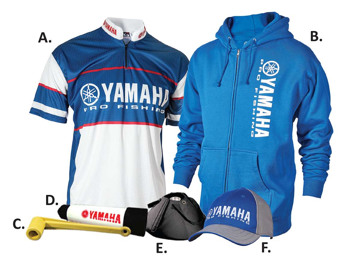 <b>Yamaha Gear and Apparel:</b><br>
<br>
<b> A.</b> The Yamaha pro fishing jersey features 100% polyester, quarter zip, pro fishing logo and Yamaha logo on the collar. $69.95<br> 
<br>
<b>B.</b> Yamaha pro fishing zip-up hoodie: The vertical zip hooded sweatshirt is made from 75/25 ring spun and combined cotton/poly-blended fabric. $49.99<br> 
<br>
<b>C.</b> Prop wrench: Designed to fit the dimensions of your Yamaha I4 and V6 outboard prop nut, and has a 9/16-inch square opening on the reverse side to open garboard drain plugs. $27.10<br> 
<br>
<b>D.</b> Trailer support: This essential travel tool provides adequate support for the F115 through V6 four-stroke and all 70 through 300 two-stroke models. The V8 Models require two supports. Not compatible with F115B. $58.20<br> 
<br>
<b>E.</b> Propeller Cover: Constructed of 600D, solution-dyed polyester for durability and fade resistance, this cover will keep your spare prop safe and covered. $46.10<br> 
<br>
<b>F.</b> Yamaha pro fishing pure contrast hat: The cap is low profile with an adjustable fit and comes in blue and grey with moisture wicking fabrics. $19.99 <a href=