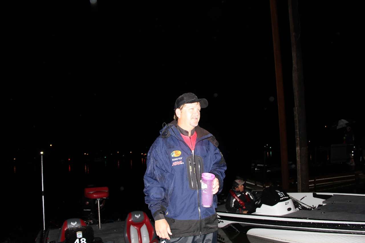 Doug Thompson of Arkansas gets his coffee before heading out on the Ouachita River for Day 2 of the B.A.S.S. Nation Championship out of Monroe, La.