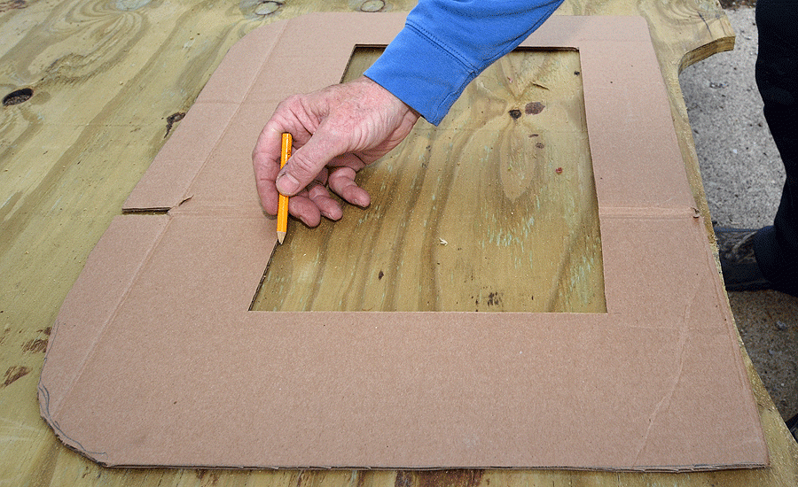 I traced the base of the new seats onto a piece of cardboard to serve as a template. I cut out the center of the template to make room for the raised areas on the bench. Next I traced the template onto a piece of 3/4-inch exterior plywood.