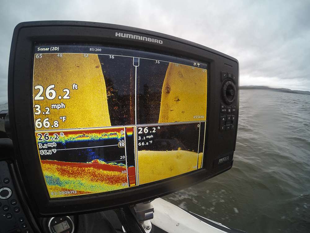 On his Humminbird Onix 10, Scroggins uses two different screen options. One that features Side Imaging, Down Imaging and traditional 2D Sonar while the other screen preference is solely Side Imaging. It all depends on the situation that he is faced with.