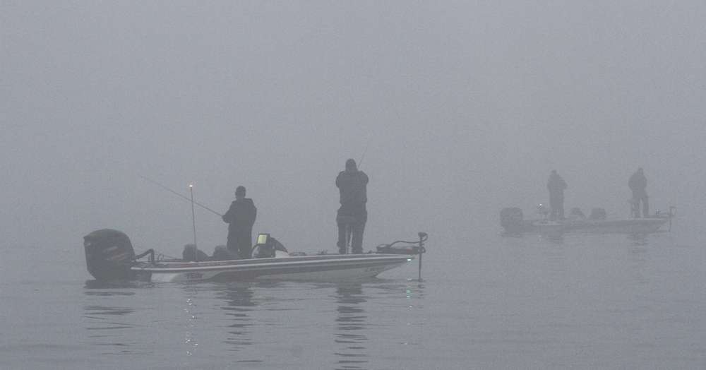 Soon after beginning their day, they were joined by another boat that emerged from the fog that began to blanket the area. At the launch ramp the fog had disappeared by takeoff, but it re-emerged during the morning.