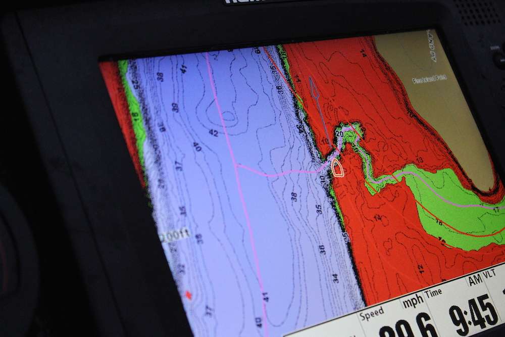 With the help of LakeMaster, Scroggins can duplicate a pattern based on where and how he is catching fish elsewhere. If he is catching fish on a breakline from red to green then he can easily identify similar structure on other parts of the lake. 