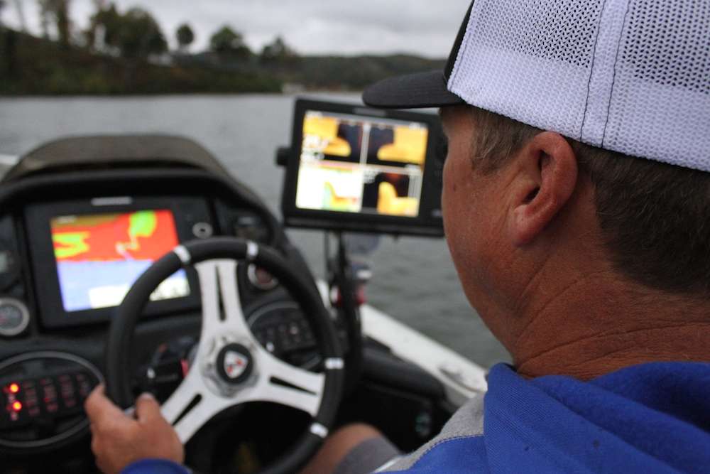 A tremendous amount of scouting and planning can be conducted from the driver's seat without ever making a cast. Typically, Scroggins will spend time identifying structure and dropping waypoints on likely locations before returning to fish them. 