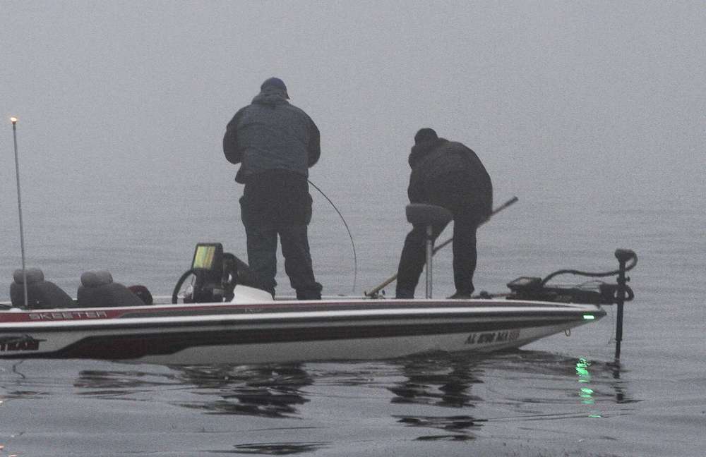 Moments later, Stubblefield hooks up again. The duo threw numerous types and sizes of baits early this morning as they tried to get their fish fired up.