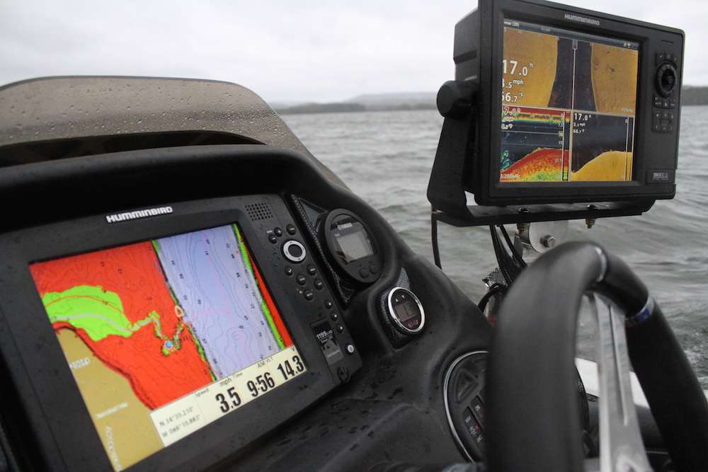 Scroggins flush mounts his Humminbird 1199 into the dash, and prefers to have the Onix 10 on a TH Marine mount off to the side.