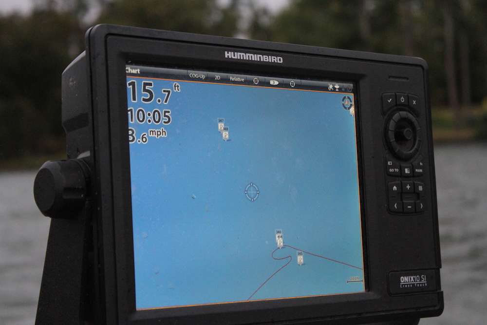 Scroggins saves all of his old waypoints from previous years on the Humminbird Onix units, while he keeps all of his new waypoints from this year separate and on the 1199. The form of spot management reduces clutter and confusion.