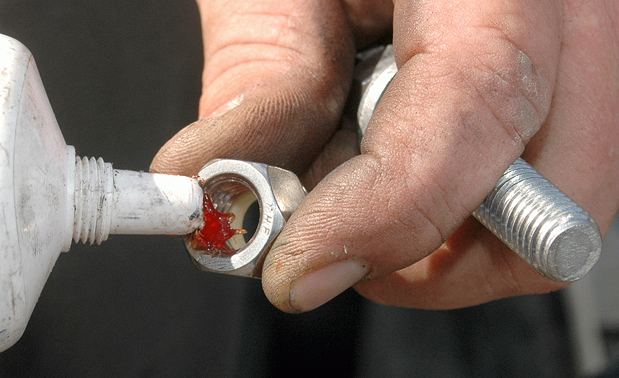 Schwarzel applies grease to the self-locking stainless steel nuts before bolting the jackplate to the stainless steel mounting bolts. This is extremely important.<p>
Without grease, threading a stainless steel nut onto a stainless steel bolt is likely to result in galling. This is a phenomenon whereby friction can weld the nut to the bolt and prevent the nut from being threaded into place. If this happens, you must cut off the bolt or drill the bolt out of the nut.