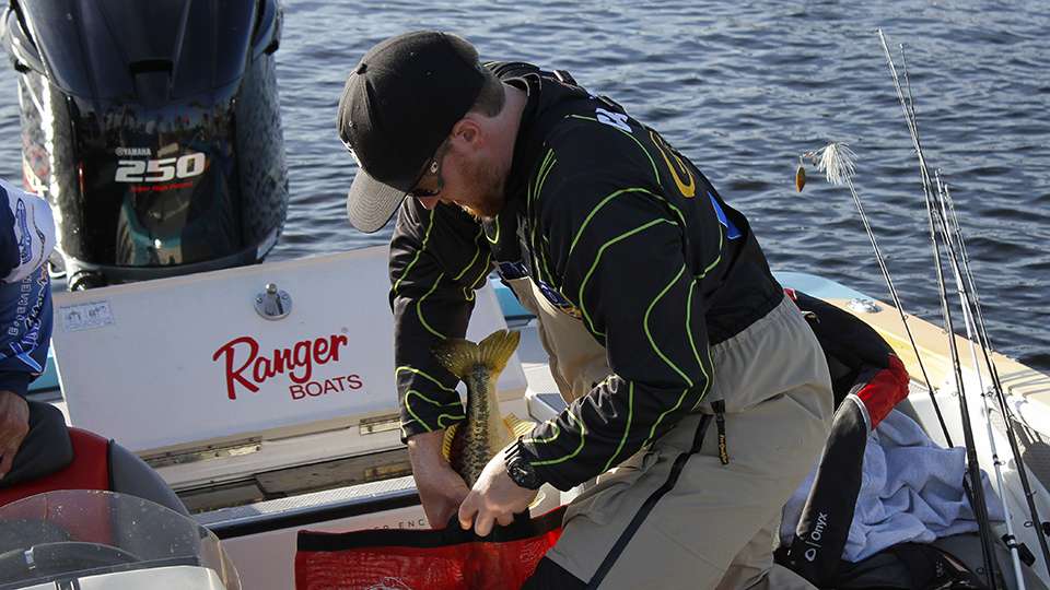 Co-angler Chaz Carrington places one of his three keepers in his Berkley weigh-in bag.
