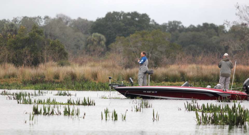 Grayson Smith fishes his way through a field of arrowheads, one of the tell-tale signs youâre in an area with hard bottom. Hard bottom makes for a good spawning area for Florida bass. 