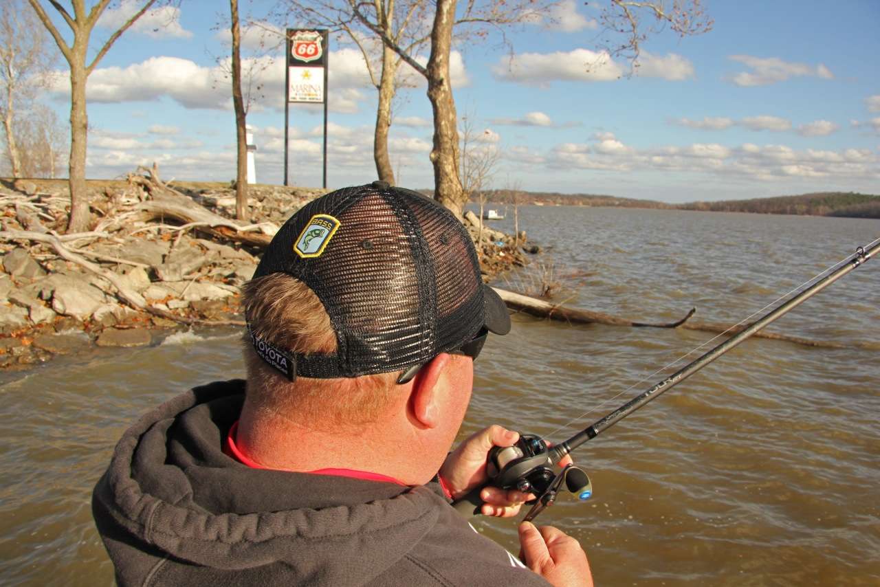 The Quantum pro stops down lake to pitch an irresistible isolated laydown near Shangri La Resort. A lighthouse and a Phillips 66 sign stand in the background. Phillips 66 was founded 80 miles from Grand Lake, in Bartlesville, Okla., nearly 100 years ago.