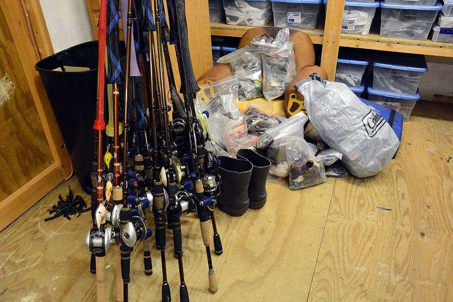 This pile of tackle represents what came out of DeFoeâs previous rig, a Nitro Z-9. The mound of black soft plastics on the floor wonât go into the new boat. Parker DeFoe collects what his dad brings back from the tournaments. 
