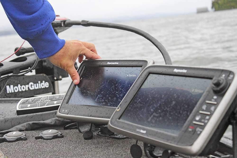 One feature that Horton uses while on the front deck of his boat is the DownVision. He has his front unit reading the DownVision from the back transducer. 