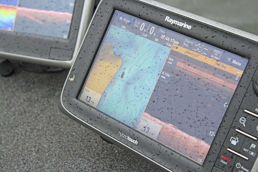 In the bottom left corner of each panel the Raymarine units feature the depth. When both units are side by side it makes Horton's system efficient because he can glance to his eSeries unit and see how deep he is in the back of the boat.