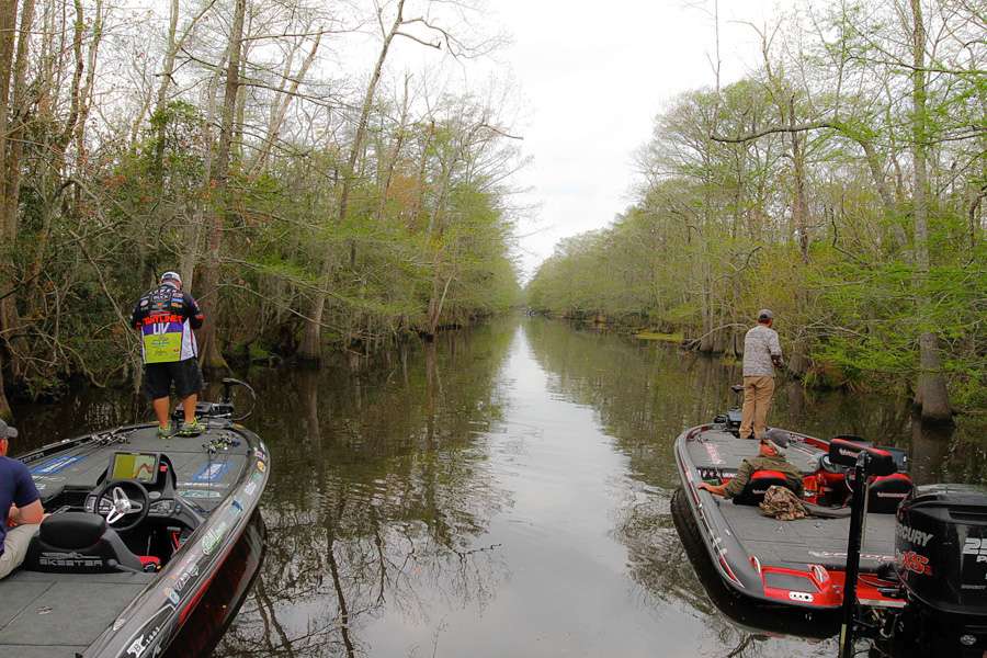 The Sabine River was one of the more vast waterways fished during the 2015 Elite Series season. However, Bill Lowen and Stephen Browning ended up fishing side by side on one of the many remote canals that connected a huge maze of water. 