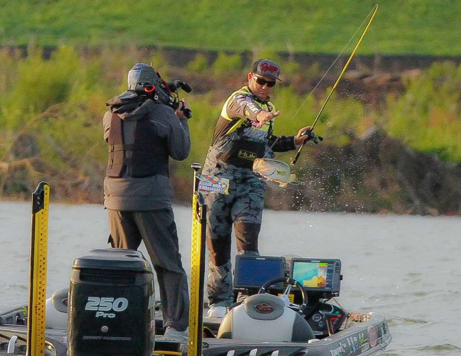 Skeet was up to the challenge and puts his first fish in the boat in sight of Iaconelli. 