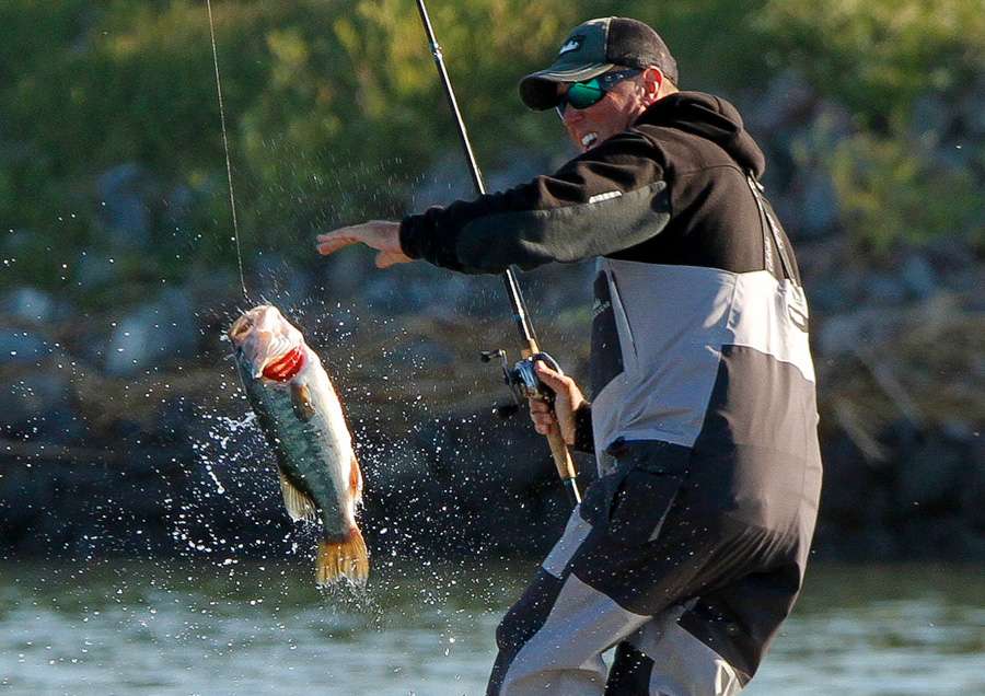 David Walker battles a fish into the boat on the California Delta. 