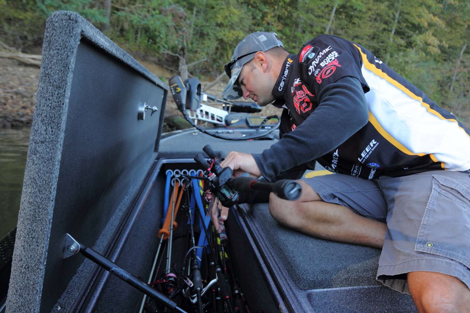 The rod locker is on the left side of Lee's boat, and it regularly holds dozens of rods for a tournament.