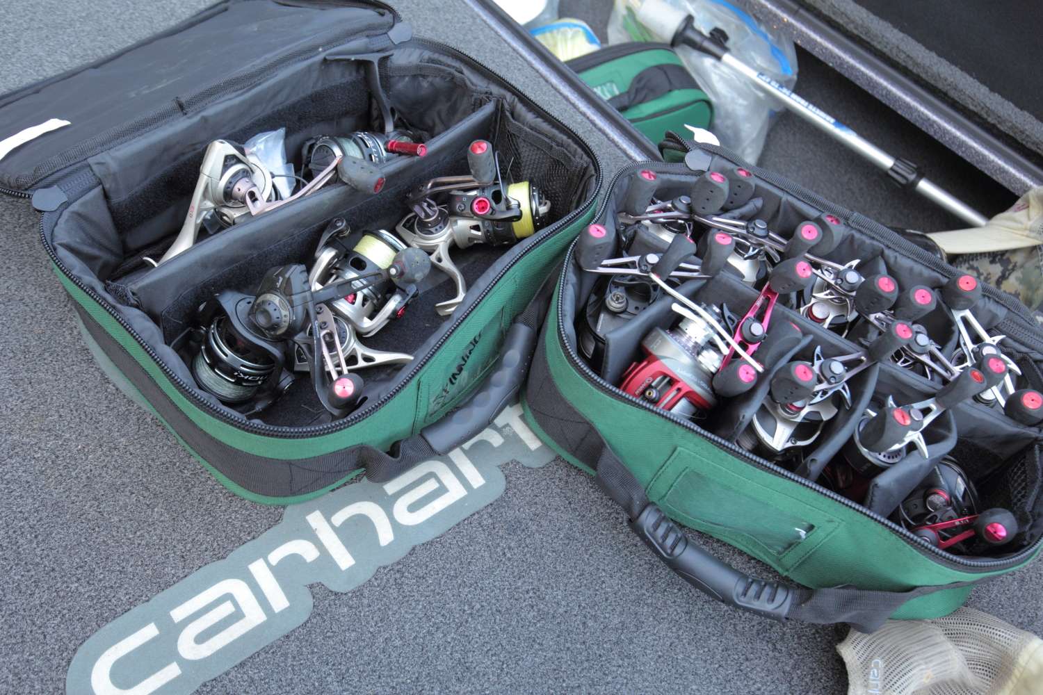 A lot of the rods Lee stores in his rod locker don't have reels on them, so he keeps these reels in a separate compartment.