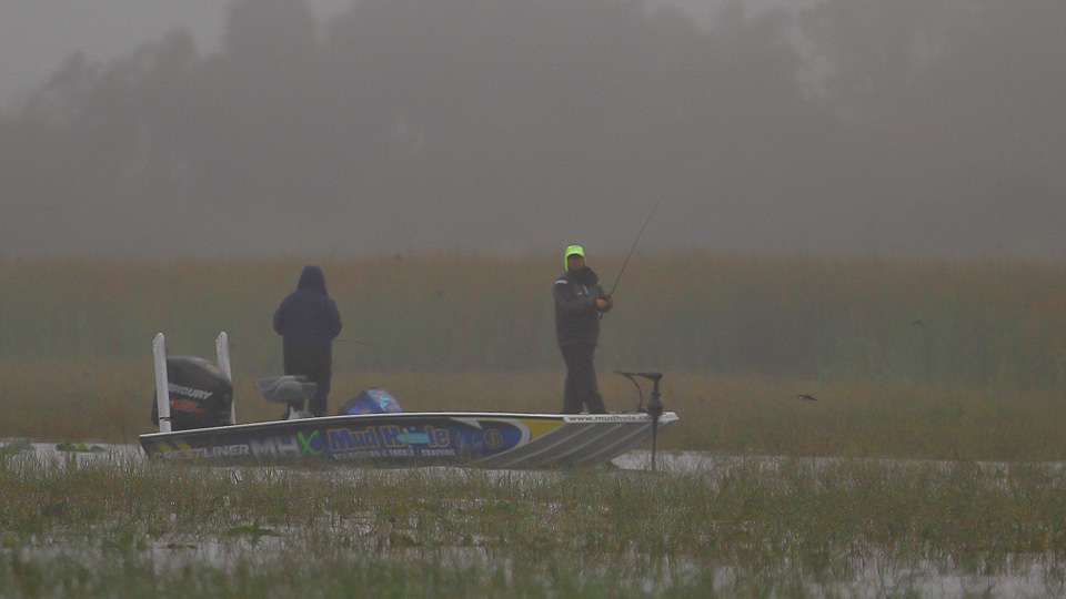Some anglers chose to stay close to the launch and not run through the fog and rain. 