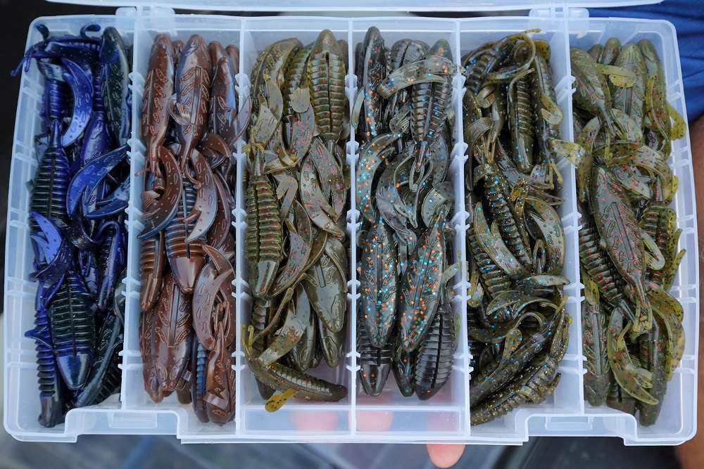 The storage compartment near the console also holds some soft plastics, like these from Big Bite Baits.