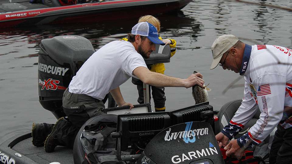 Bassmaster Opens Pro Stetson Blaylock bags up his Day 1 catch and receives help from his three-year old son.
