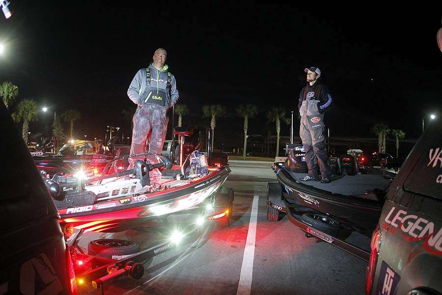 Brad Knight in the Rigid Industries boat is parked beside Stetson Blaylock in the parking lot at Big Toho Marina prior to the final day of the Bass Pro Shops Bassmaster Southern Open #1.