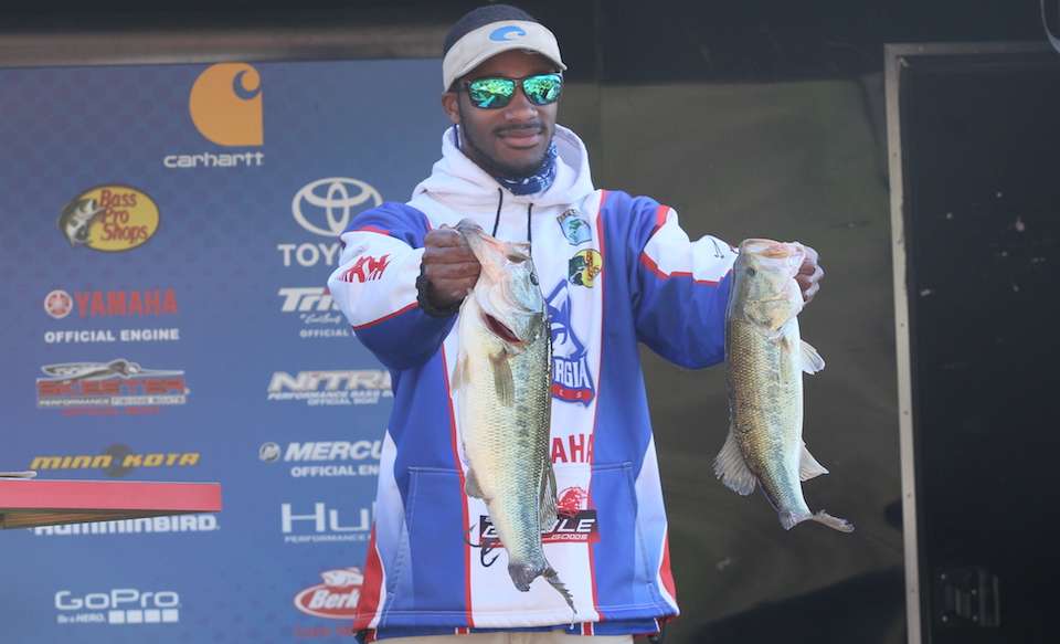 JC Adams and Darius Williams with 4 fish for 10-14 including the Day 1 Carhartt Big Bass weighing 5-4.