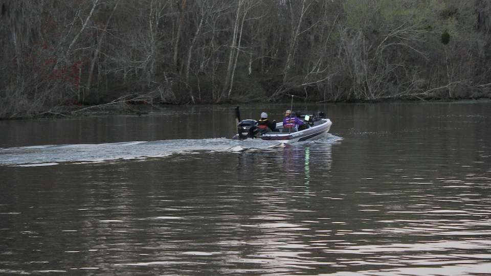 It's go time as boat No. 1 heads out. Cain Hamous and Lane Possoit of Northwestern State lead the field out to the intercostal area of the Atchafalaya.