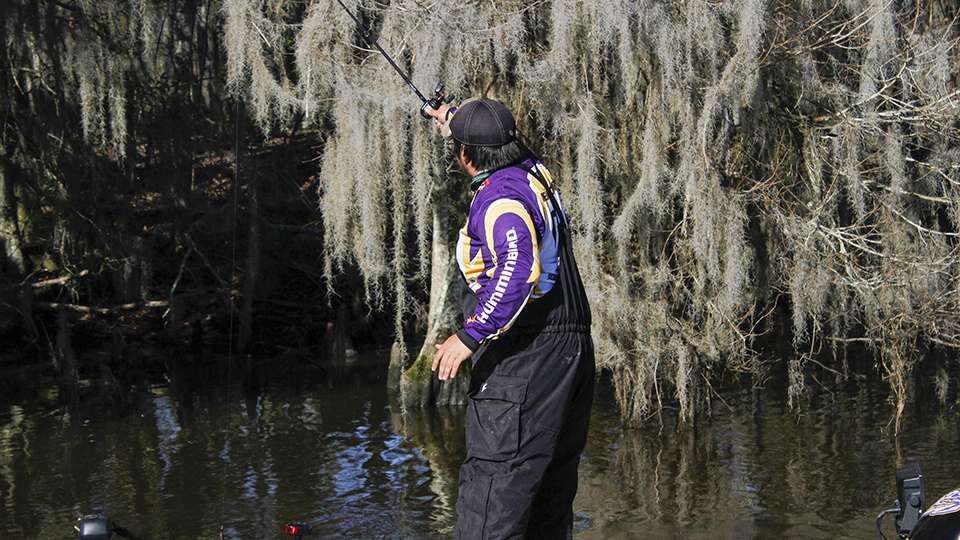 Remedies continues to flip the shallow shoreline cover in hopes of coaxing another bite.