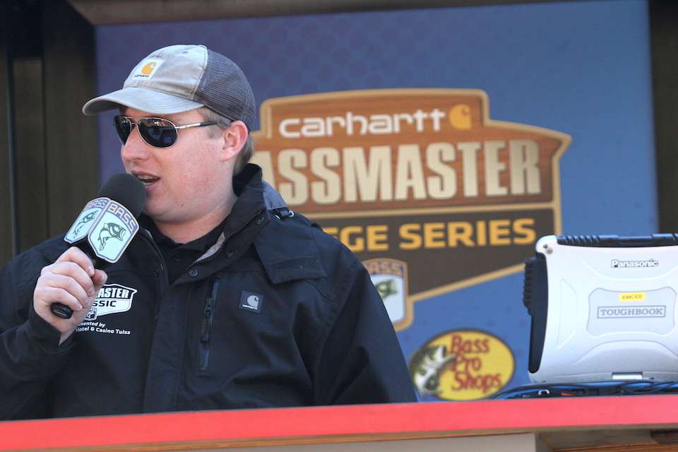 Hank Weldon welcomes the crowd to the Day 1 weigh-in of the Carhartt Bassmaster College Series Southern Regional presented by Bass Pro Shops on Lake Martin. 